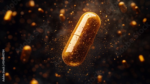 Golden capsule in motion, surrounded by particles, dark background