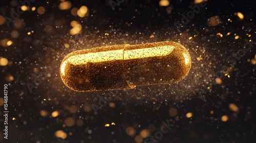 Gold capsule in mid-air, sparkling particles, dark background