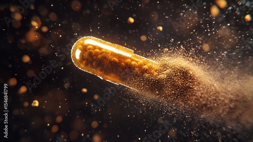 Golden Capsule Exploding in a Dark Background with Particles