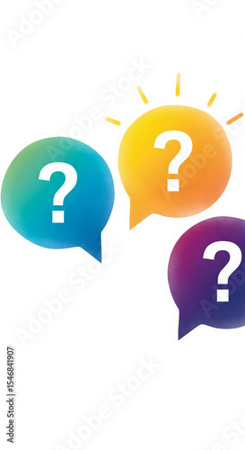 Colorful speech bubbles with question marks, symbolizing inquiry, brainstorming, or FAQ concept Ideal for websites, presentations, or educational materials