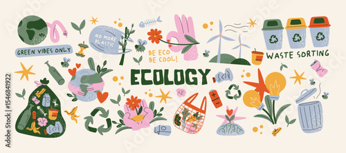 Cartoon eco stickers in retro groovy style. Ecology, organic products, natural product, vegan, bio, environmental protection. Vector set elements