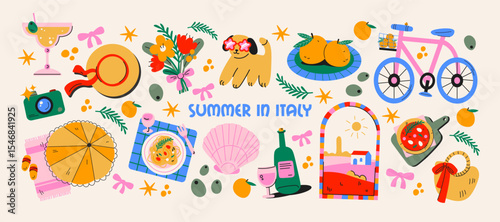 Italian food and culture stickers set in retro cartoon style. Food and drink: pizza, pasta, wine, tomato. Illustration in funky, doodle style, trendy labels set.