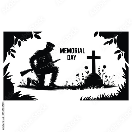 Memorial day silhouette featuring a soldier kneeling with a rifle near a gravestone and cross