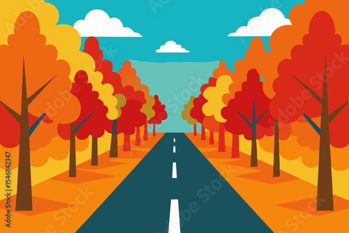 Autumn highway leading through a vibrant mountain landscape under a vast sky