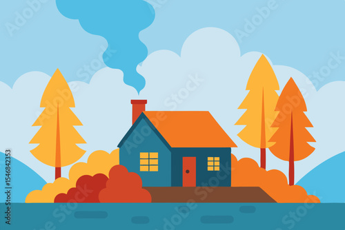 Autumn landscape with a charming country house and trees under a clear sky