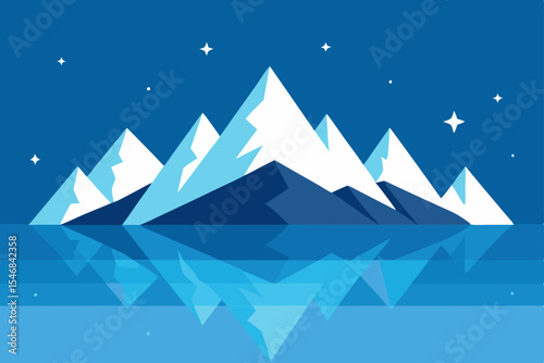 Abstract blue vector illustration of a winter mountain landscape with snow, trees, and stars, perfect for Christmas and holiday season designs