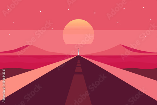 A lone car speeds down a straight asphalt road under a vast night sky, its journey illuminated towards the distant city horizon