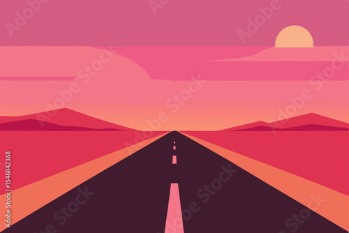 An orange sunset silhouettes Egyptian pyramids, camels, and mountains on a desert road, illustrating a timeless travel landscape