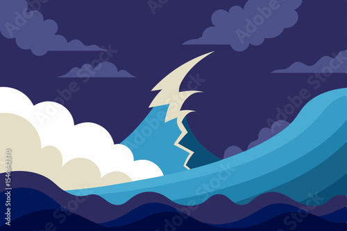 A vector illustration of a sea landscape with blue water, sky, and clouds, featuring distant mountains and gentle waves under the summer sun