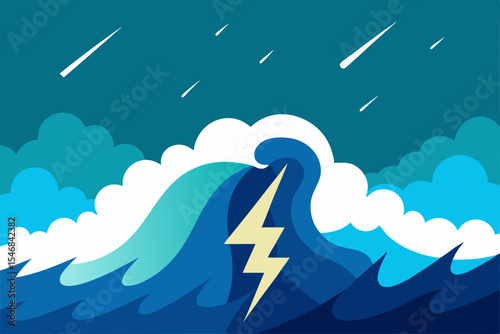 A dynamic weather forecast icon illustrates a dramatic sky with cloud and lightning over a vast ocean landscape