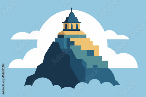 Fantasy travel landscape illustration with a majestic castle tower in the sky and clouds
