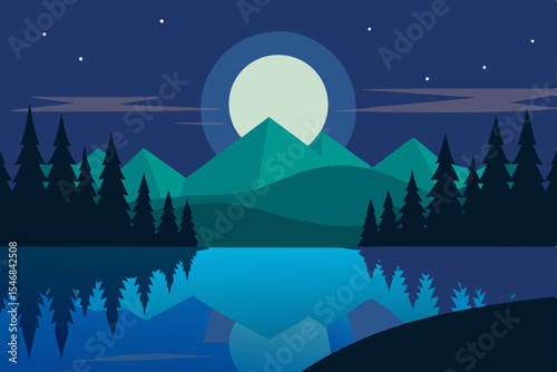 A beautiful vector illustration of a dark night landscape with mountains, a lake, and a glowing moon and stars in the blue sky