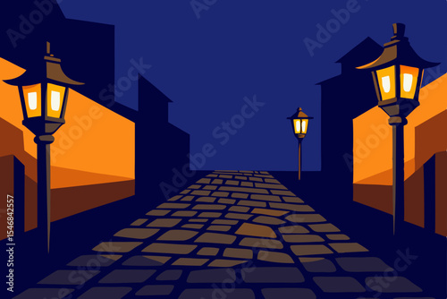 Old stone architecture and urban buildings illuminated by street lights on a shadowy city street at night