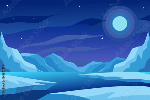 Blue winter nature illustration with snow, a cold moon, and an ice mountain landscape