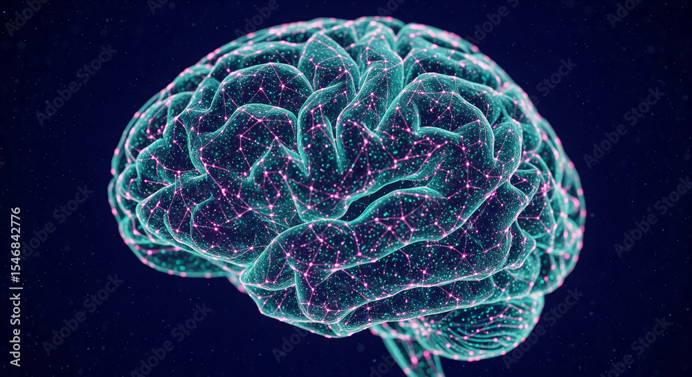 Obraz premium Teal and pink neural network rendering of human brain, showcasing intricate connections, symbolizing intelligence, cognition, and neural pathways
