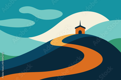 Vector illustration of a vibrant city landscape with green hills, blue sky, and a sunny road leading to mountains