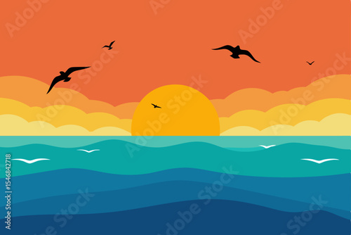 Golden sunset silhouettes birds flying over the serene sea and a lone tree on the beach