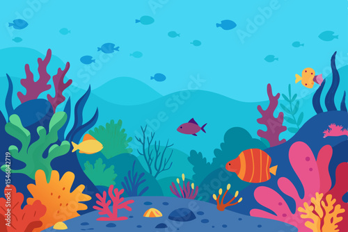 Tropical cartoon underwater illustration of vibrant coral reef with various marine animals swimming in the blue ocean
