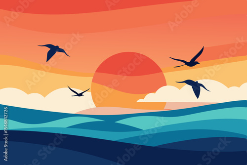 A beautiful sunset paints the sky over the ocean, with a lone sailboat gliding across the water near the beach