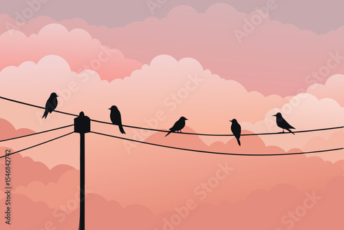 Silhouetted birds on a wire at sunset, a common and elegant nature scene