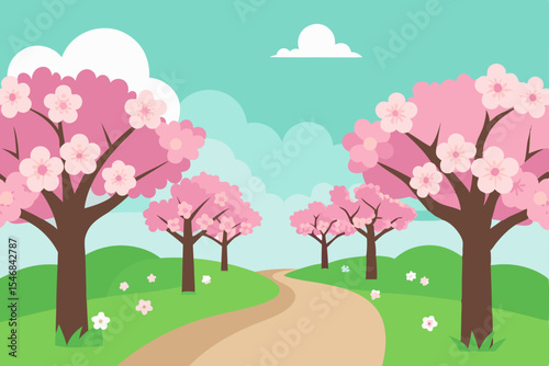 Pink cherry blossom tree in a spring landscape with blue sky and green grass