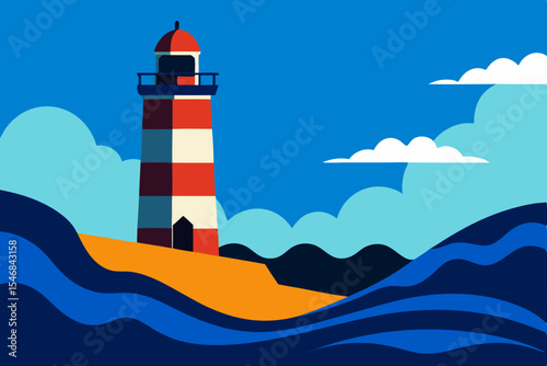 hand painted lighthouse by the sea with waves