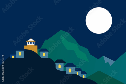 high altitude tibetan village beneath a full moon