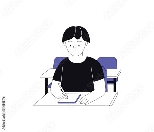 Student at Desk in Class: A young student diligently works at their desk in a classroom, engrossed in a task, showcasing dedication to learning.