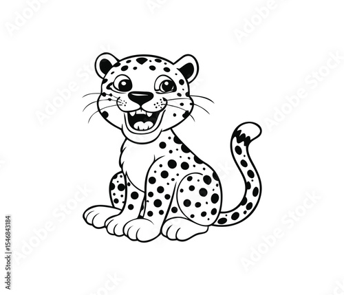 Happy Cheetah: A playful cheetah cub, full of joy and smiles, sits in a cartoonish black and white illustration, perfect for children's content and wildlife-themed projects. 