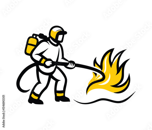 Heroic Firefighter in Action: An emblem depicts a dedicated firefighter fearlessly battling a blaze with his high-pressure hose, emphasizing courage and protection.