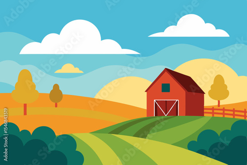 A vibrant vector illustration depicts a rural summer landscape with a quaint house, green grass, trees, and mountains under a bright sky