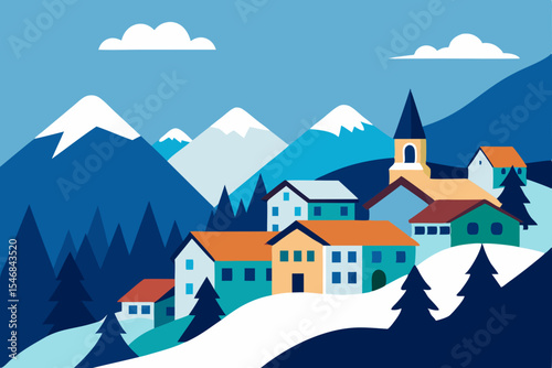 Snow-covered houses nestled in a winter mountain village landscape with trees and a clear sky