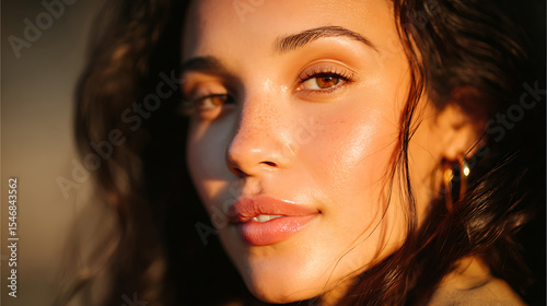 Portrait of beautiful woman with glowing skin and golden hour lighting beauty skincare model photoshoot