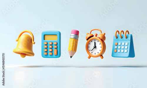 3d render of school supplies bell calculator pencil alarm clock calendar