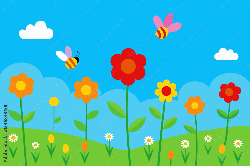 Blooming spring and summer flowers with butterflies in a vibrant sky, a beautiful nature illustration Blooming spring and summer flowers with butterflies in a vibrant sky, a beautiful nature illustration