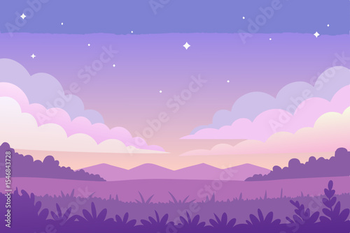 A breathtaking night landscape unfolds with majestic mountains reaching towards a dark sky, illuminated by the ethereal glow of the moon and twinkling stars, amidst a serene winter scene