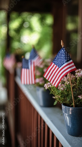 Celebrating Independence Day with flags and flowers on a cozy porch Generative AI