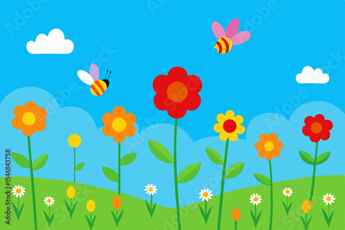 Blooming spring and summer flowers with butterflies in a vibrant sky, a beautiful nature illustration