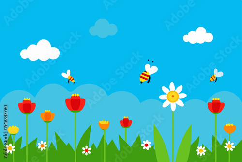 Colorful butterflies dance among spring and summer flowers in a vibrant meadow landscape under a clear sky