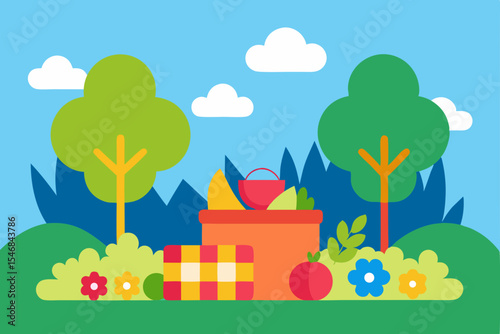 A charming cartoon vector illustration of a house on a rolling green hill under a summer sky, blending landscape and home design elements