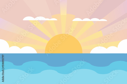 Tropical summer landscape with sun, clouds, and ocean waves crashing on the beach