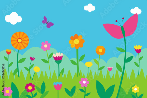 Seamless pattern of vibrant spring and summer flowers with whimsical butterflies in a lush garden meadow, perfect for any floral design