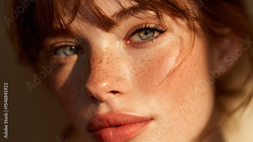 Portrait of a beautiful woman with freckles and green eyes in soft light close up beauty photography