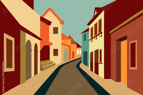 Narrow, ancient European city street with old building architecture and windows