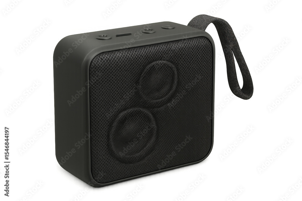 Obraz premium Compact black wireless speaker featuring fabric texture, hanging strap, transparent backdrop