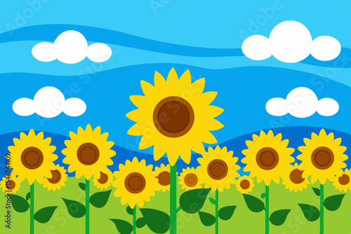 Bright yellow sunflowers stretch across the summer field under a vast blue sky, a vibrant natural landscape