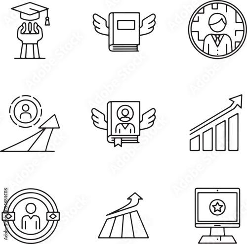 Business growth and education icons set, career development, success, learning and achievement on transparent background