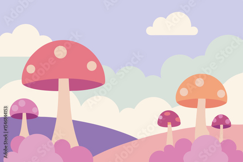 An abstract cartoon vector illustration of an autumn landscape with umbrellas and mushrooms under a rainy sky pattern