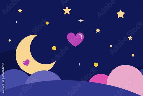 A whimsical cartoon illustration captures a serene winter night sky with a heart-shaped moon amidst twinkling stars, snowflakes, and a lone tree