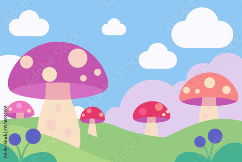 Seamless vector pattern illustration with cartoon mushrooms and flowers, perfect for autumn or spring sky designs with rain and cloud protection